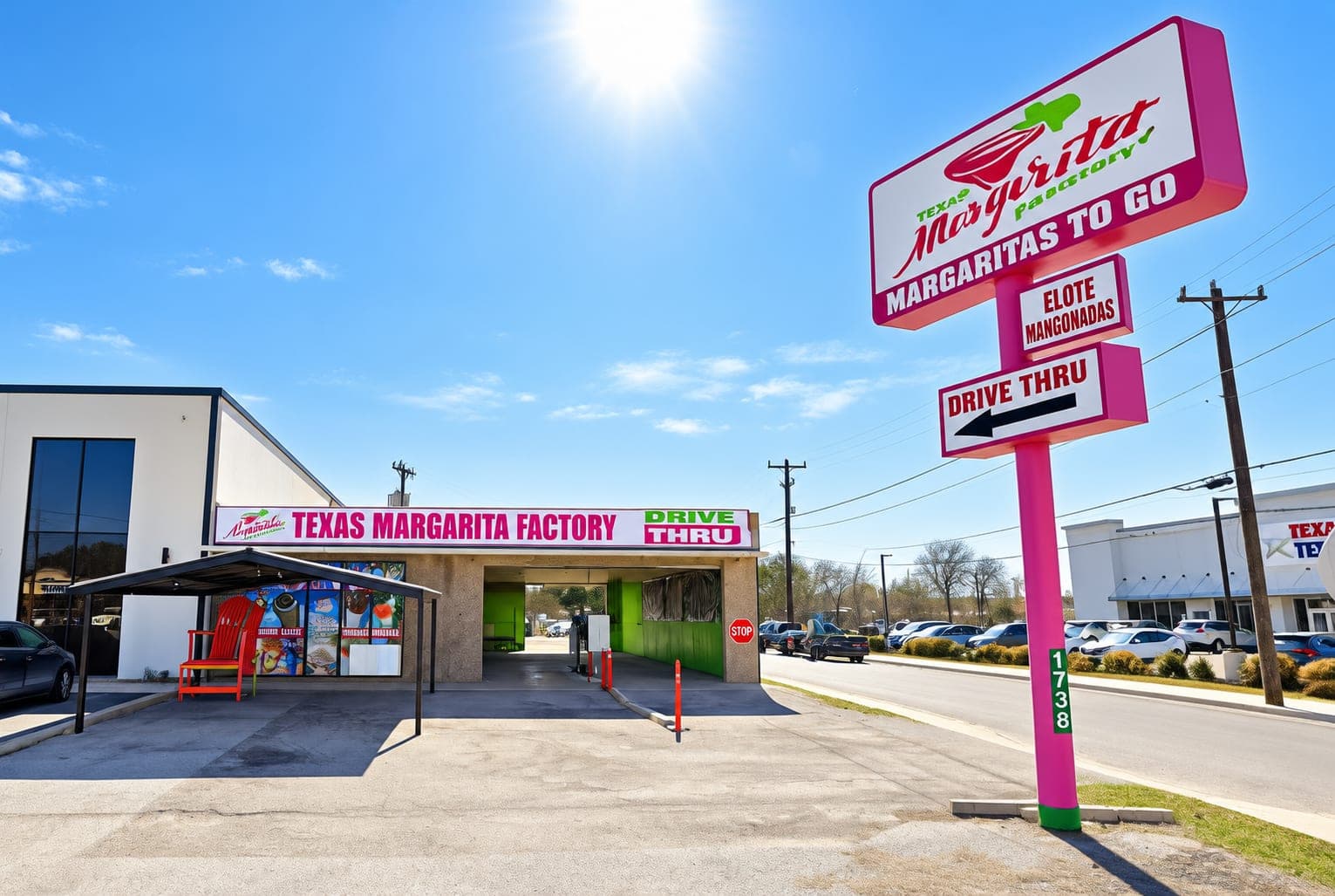 The drive thru lane cut straight through the building, with the tall pink Margaritas To Go sign out at the road